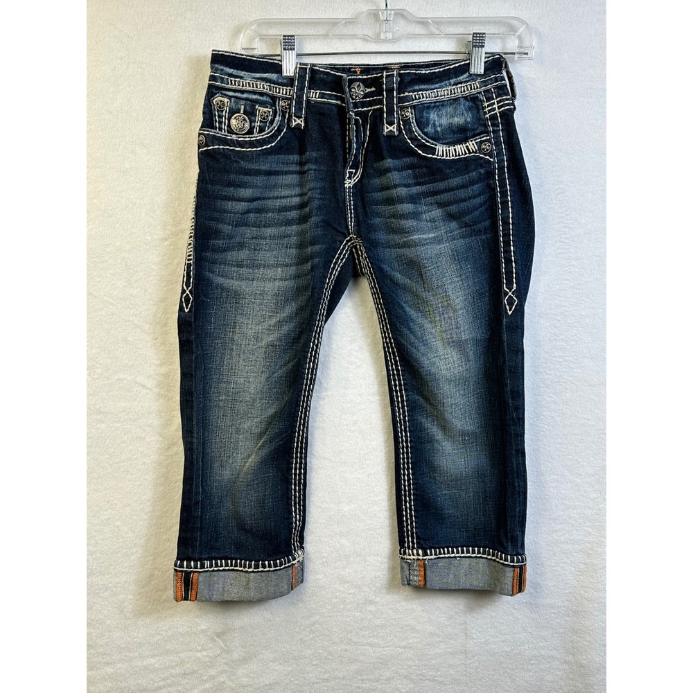 Rock Revival Keila Crop Jeans Dark Wash Thick Stitch Fleur-De-Lis 27